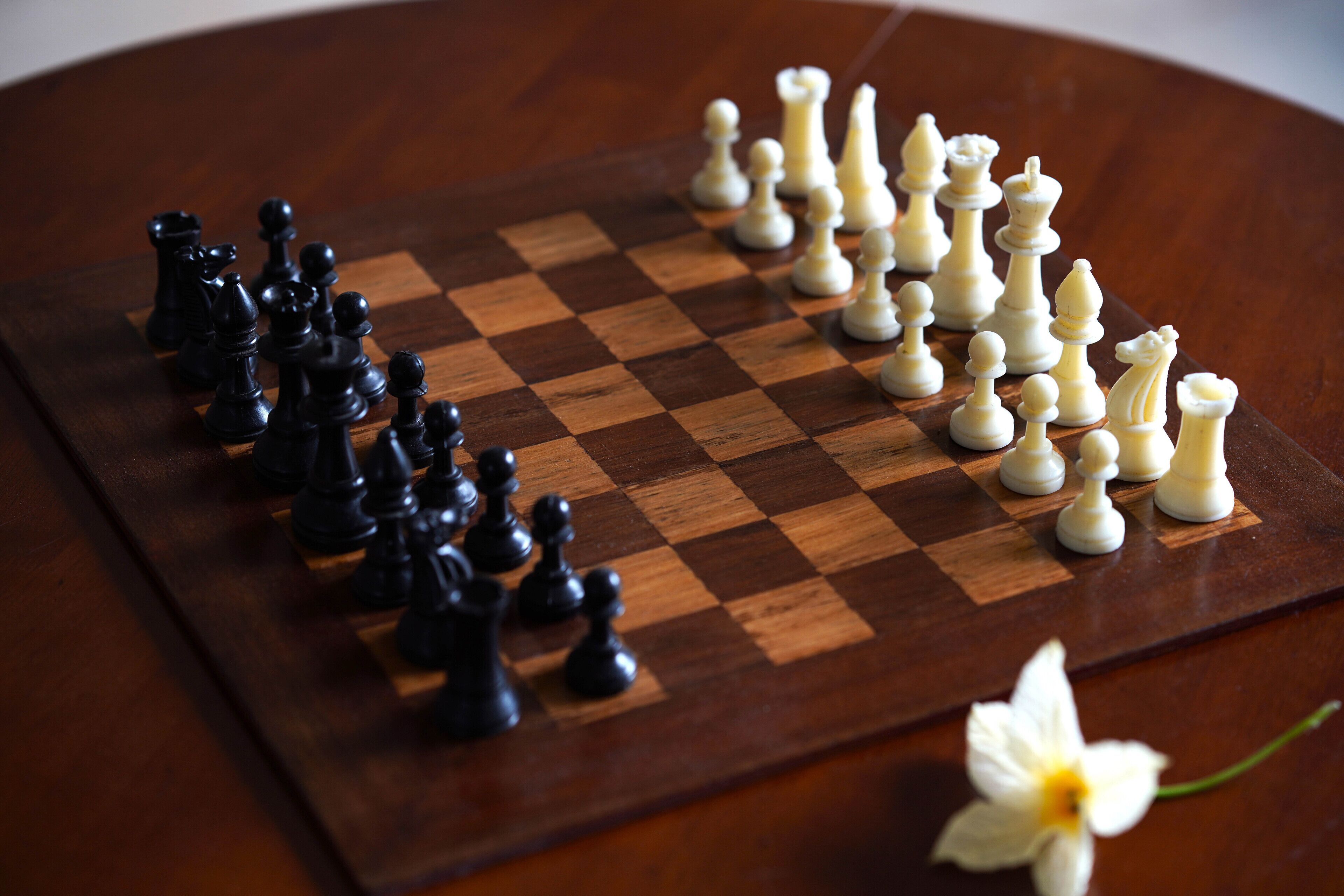 Un échiquier avec les pièces disposées pour une partie en cours, une table en bois et une fleur blanche.