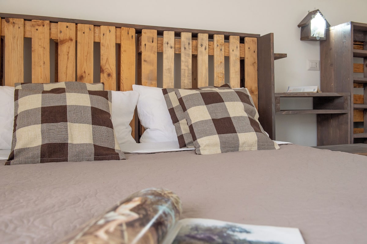 A bed with a wooden headboard, checkered pillows, and a bedside table with a lamp.