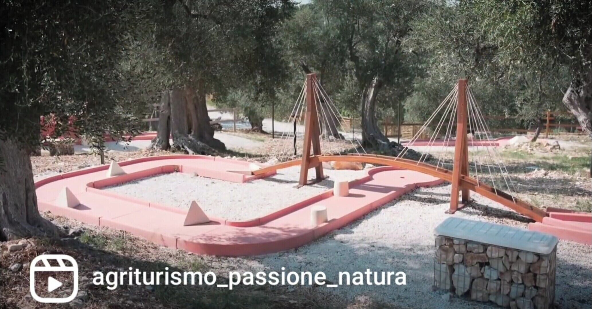 Un parque con un puente, árboles y una estructura de piedra.