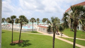 Un complexe hôtelier doté d’une piscine, de palmiers et offrant une vue sur l’océan.