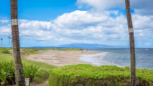A beach with palm trees, a clear sky, and a distant mountain range. - Menehune Shores 227 2 Bedroom Condo (Kihei)