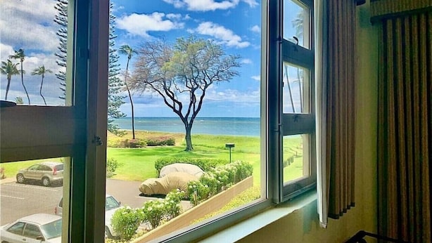 A window with a view of a tree-lined path leading to a beach, a parked car, and a building with a balcony. - Menehune Shores 227 2 Bedroom Condo (Kihei)
