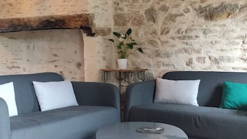 Smart-tv, een open haard, een tafeltennistafel en boeken