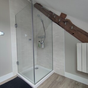 Shower, hair dryer, towels, soap