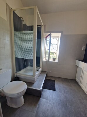 Shower, hair dryer, towels, soap