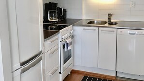 A modern kitchen with white cabinetry, a built-in oven, a coffee maker, and a microwave. - Kotimaailma KotikaksioMallask saunalla (Lahti)