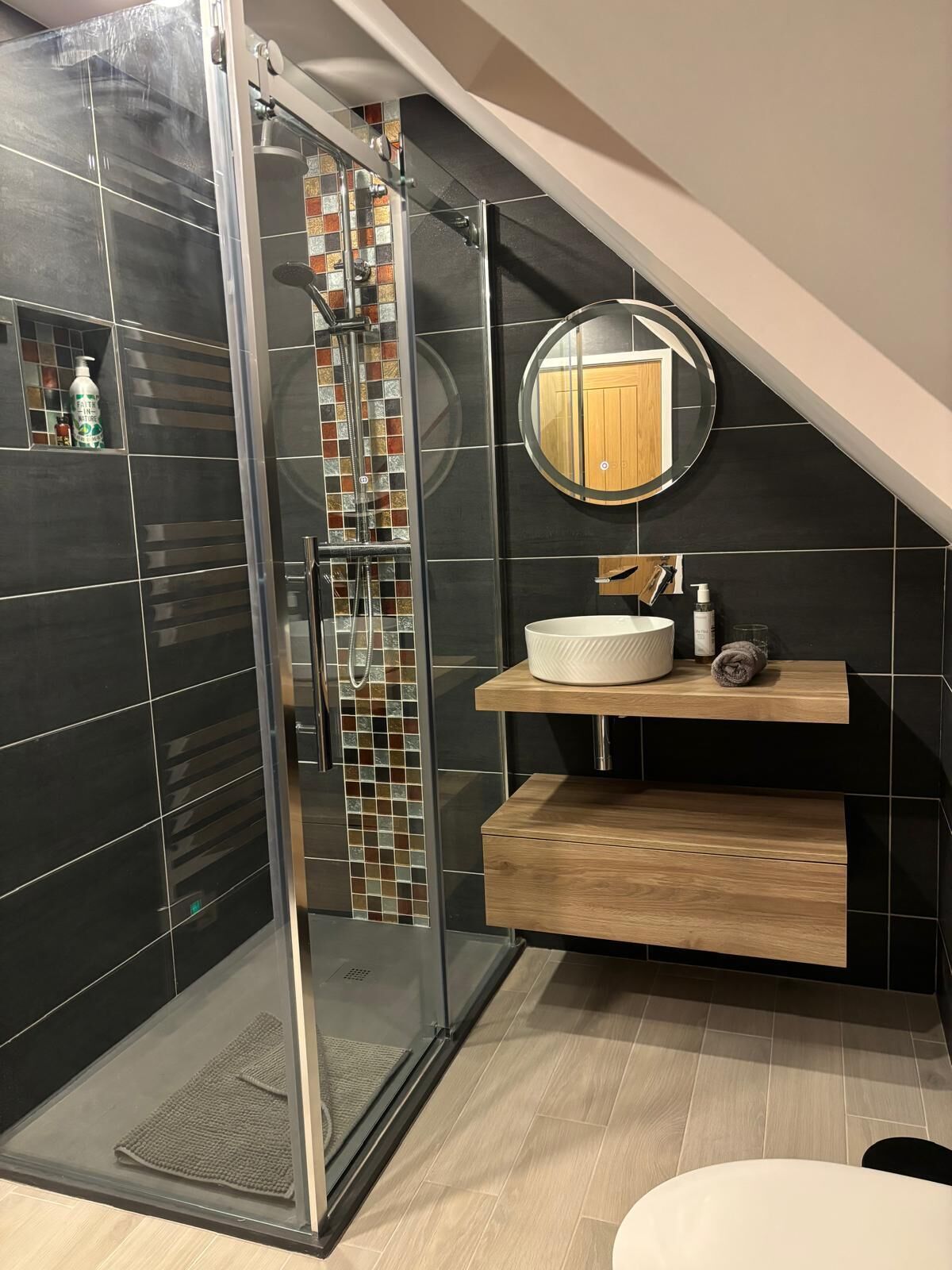 Shower, hair dryer, towels, soap