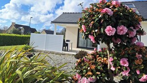 Une maison d’habitation dotée d’un patio couvert, d’un jardin agrémenté de fleurs roses et surplombée d’un ciel bleu clair.