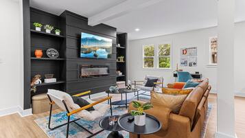 Smart TV, fireplace, books