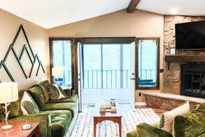 Smart TV, fireplace, books