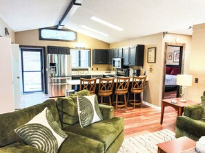 Smart TV, fireplace, books