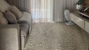 Un salon avec un canapé, des rideaux, un ventilateur et une plante.