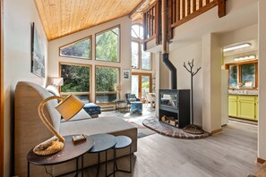Smart TV, fireplace, books
