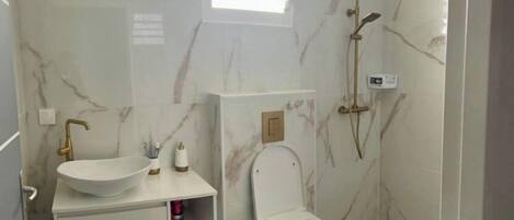 Suihku, hiustenkuivaaja, bidee, pyyhkeet