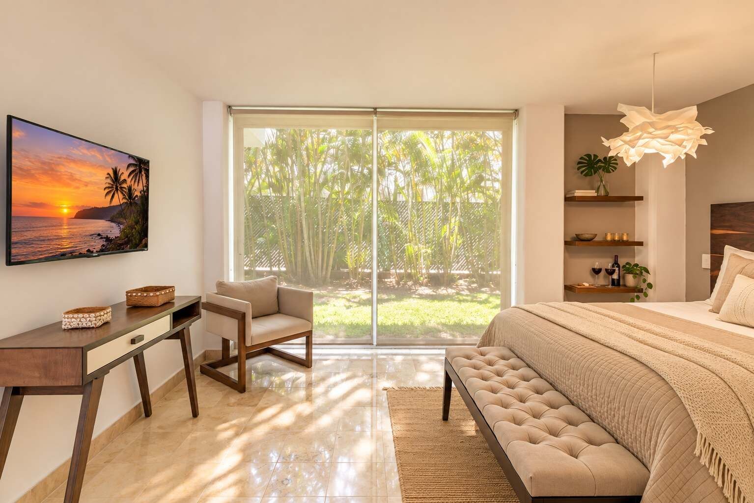 A bedroom with a large bed, a desk, a chair, and a view of a tropical landscape through the sliding doors.
