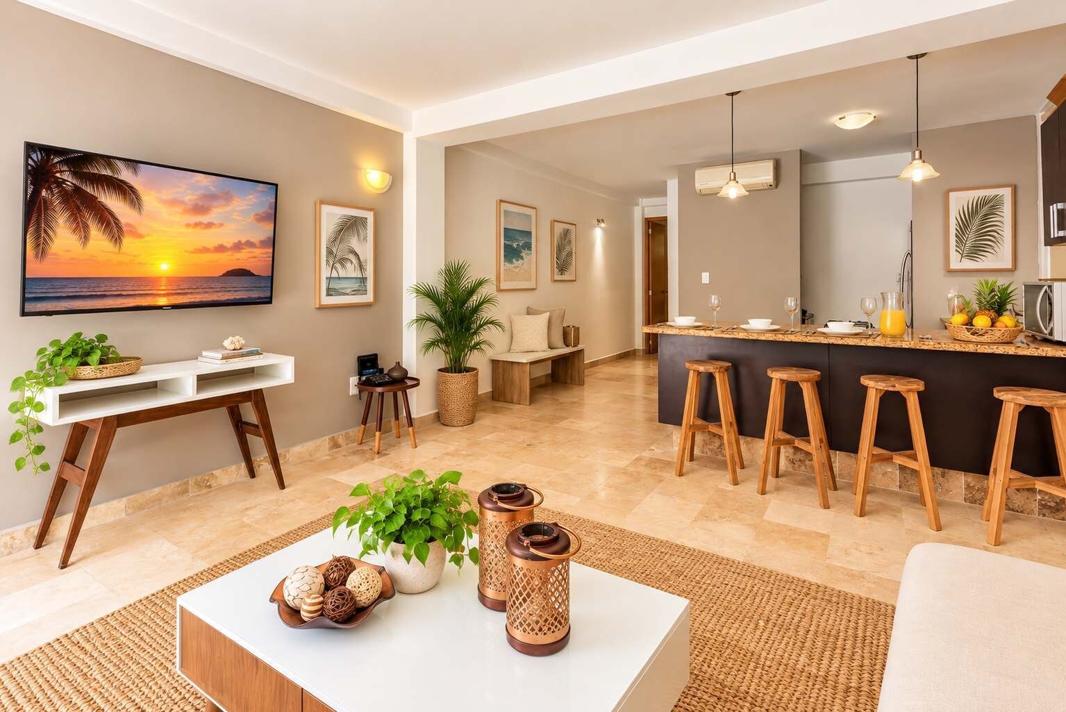 A modern living room with a large TV, a dining area with bar stools, and a kitchen with a bar counter.