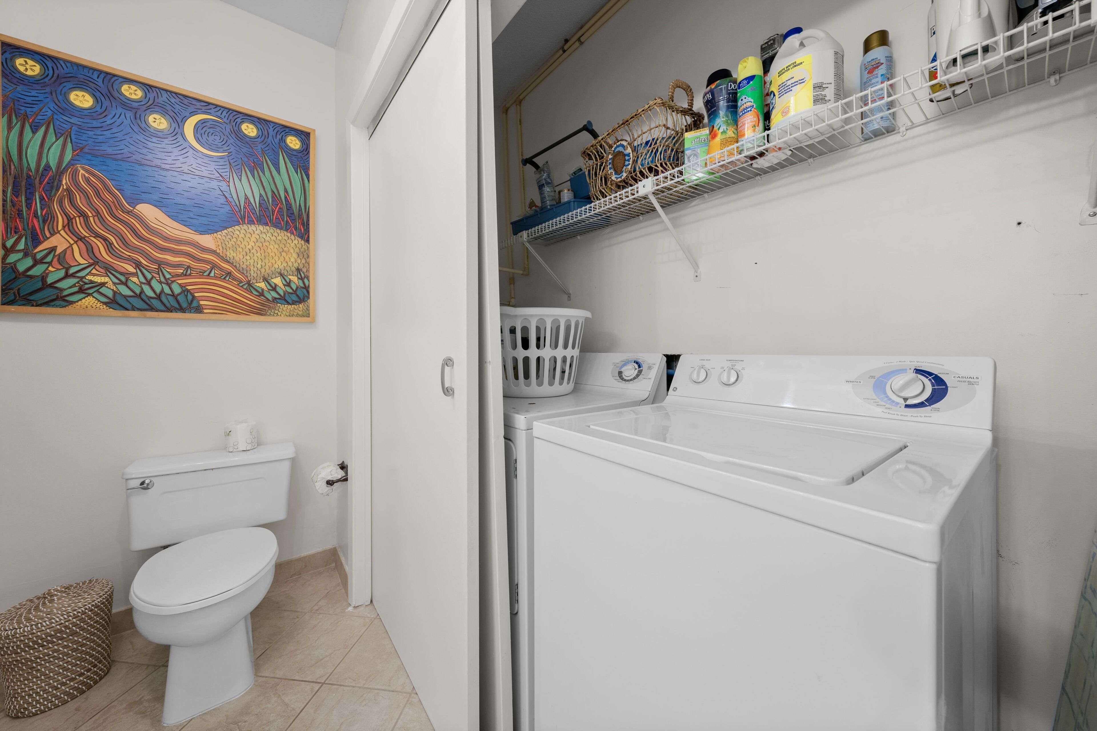 A bathroom with a toilet, a washing machine, and a shelf with laundry detergent.