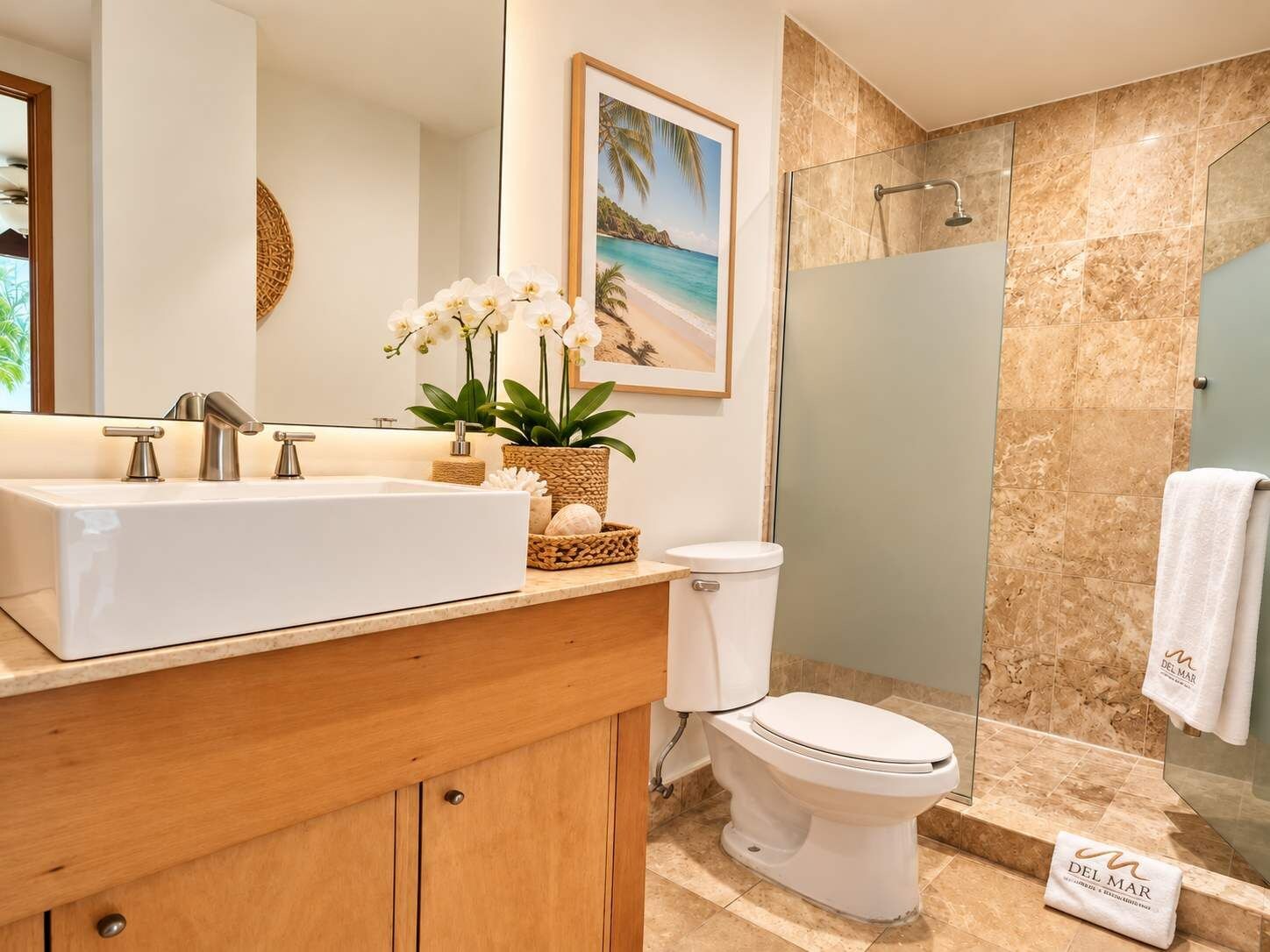 A modern bathroom with a large white sink, a toilet, and a glass-enclosed shower.