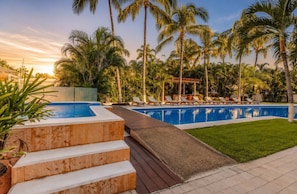 A pool area with steps leading to the water, surrounded by palm trees and lounge chairs.