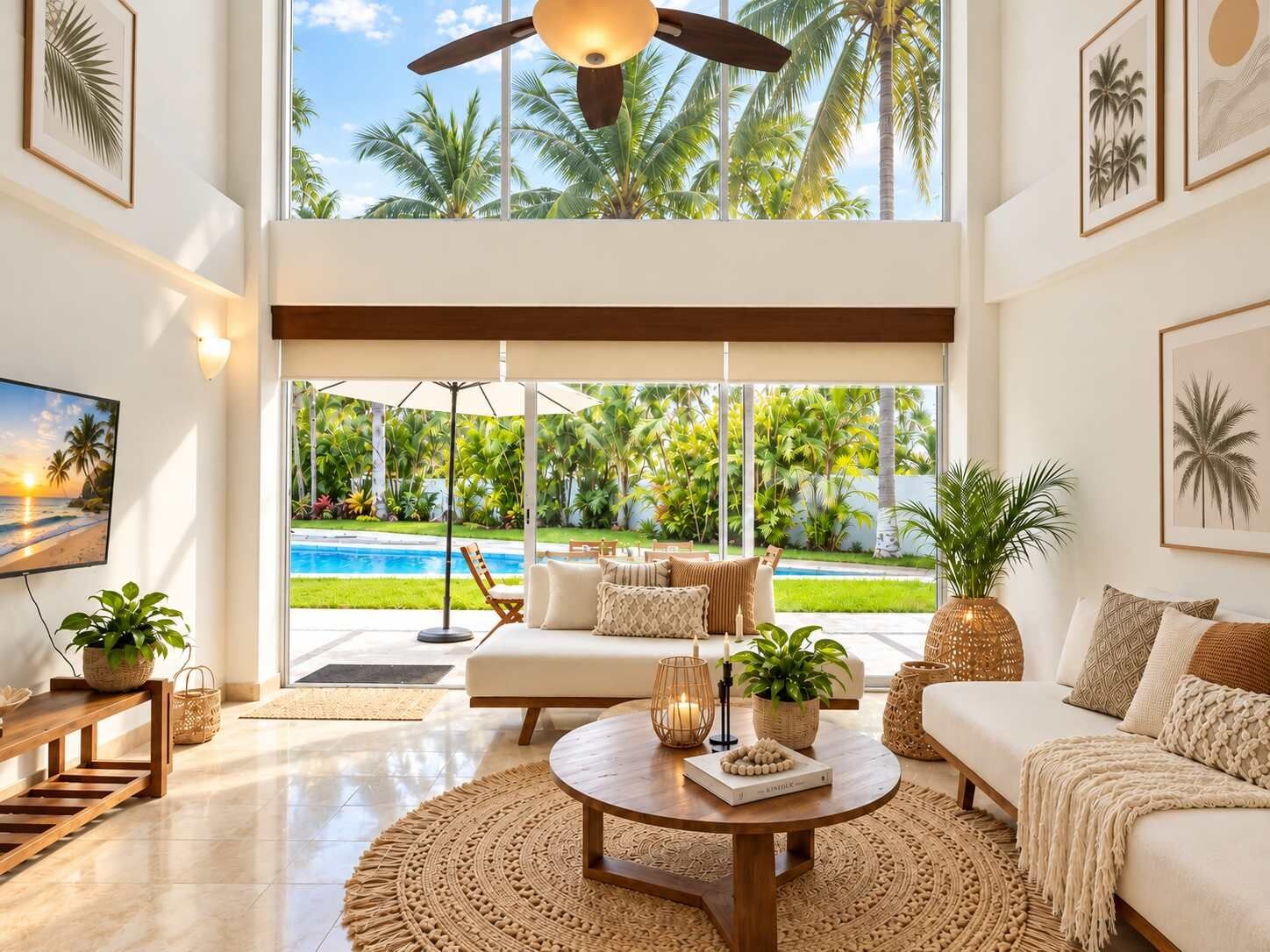 Un salon spacieux doté d’une grande fenêtre, d’un ventilateur de plafond et offrant une vue sur une piscine et un jardin tropical.
