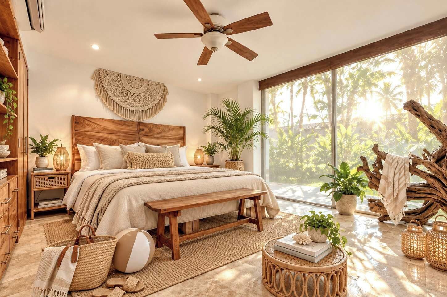 A bedroom with a wooden headboard, a large bed, a bench, a bedside table, a floor lamp, and a view of palm trees through a large window.