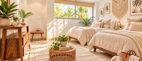 A bedroom with two beds, a ceiling fan, a large window with a view of palm trees, and a wooden floor.