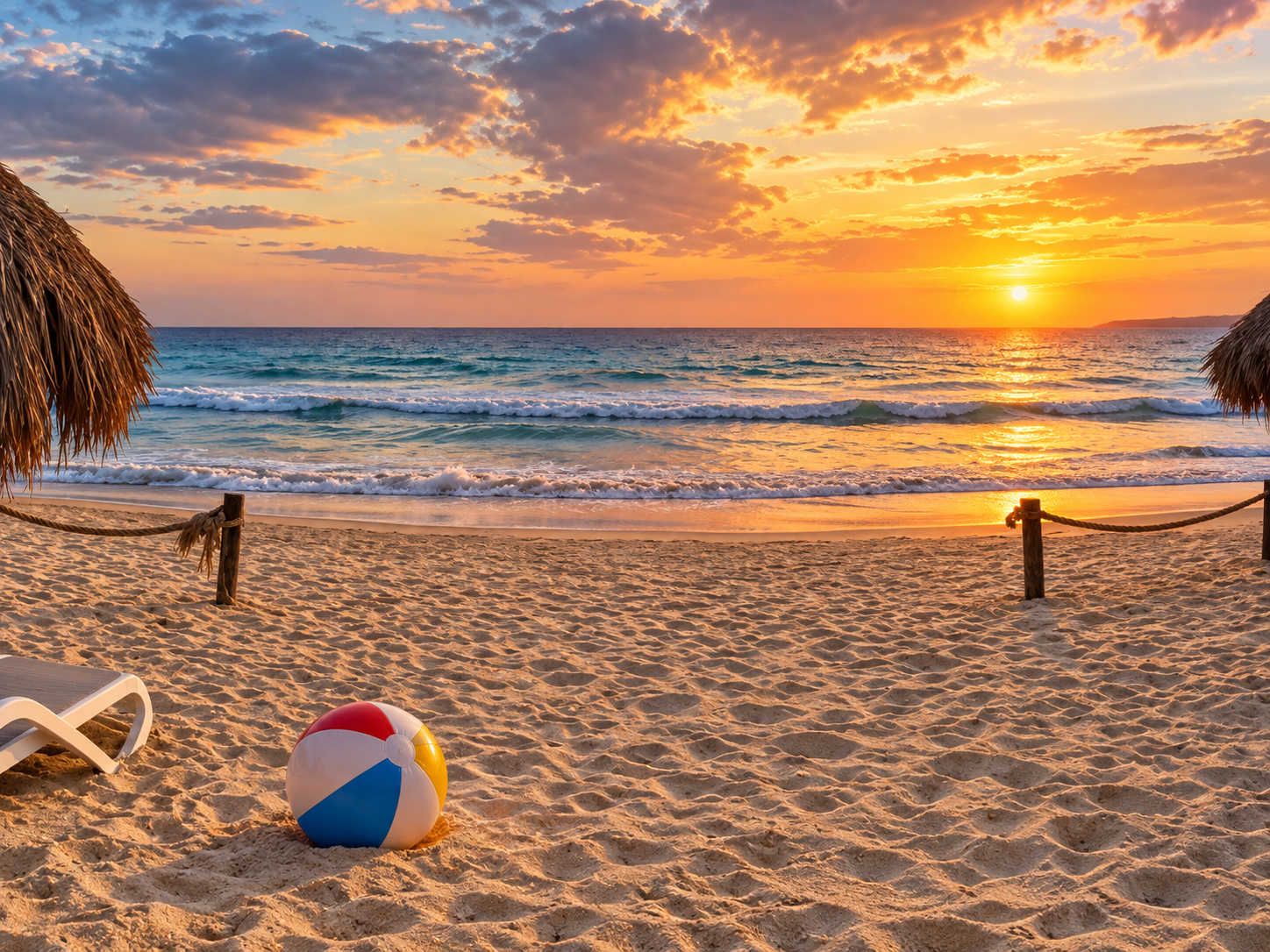A beach with a rope barrier, a beach ball, and a thatched umbrella.