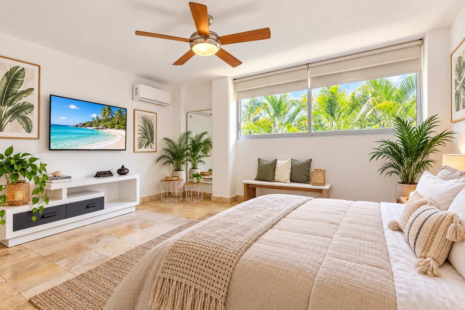 Een moderne slaapkamer met een bed, een plafondventilator, een televisie en een raam met uitzicht op palmbomen.