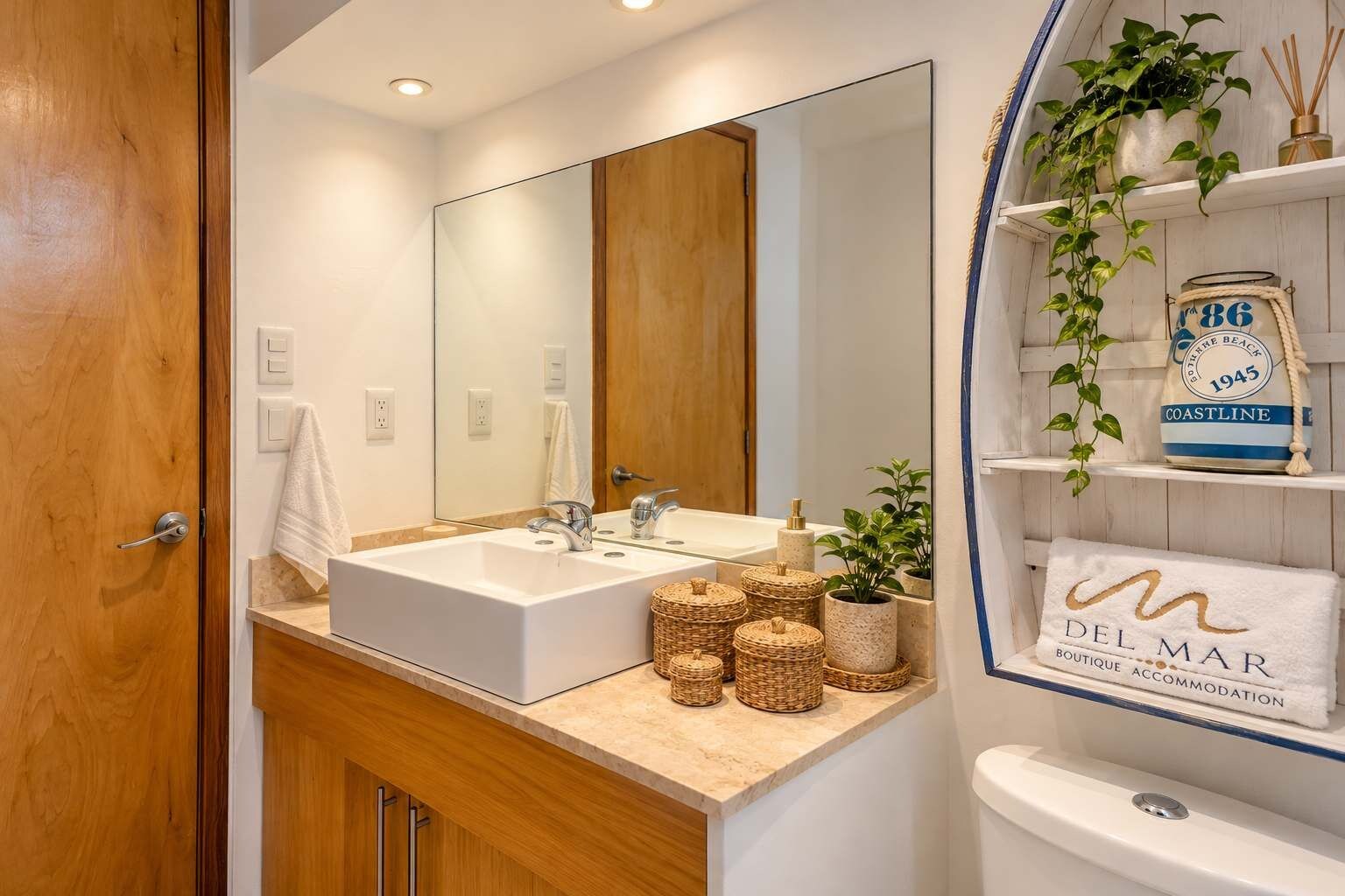 A bathroom with a large mirror, a sink, and a toilet. There are wicker baskets on the counter and a towel rack with a sign.