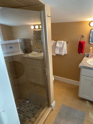 Shower, hair dryer, towels, soap