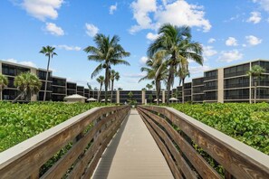 A wooden boardwalk leading to a modern building with multiple floors, surrounded by lush greenery and palm trees.