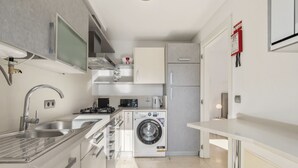 Eine moderne Küche mit Einbauwaschmaschine und -trockner, Edelstahlgeräten und einem Flachbildfernseher.