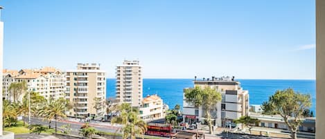 A coastal cityscape with modern buildings, a bus, and a taxi.