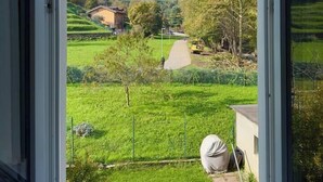 Une vue à travers une fenêtre sur un paysage verdoyant, avec un sentier, des arbres et un bâtiment au loin.