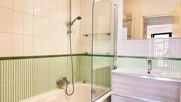 Shower, hair dryer, bidet, towels