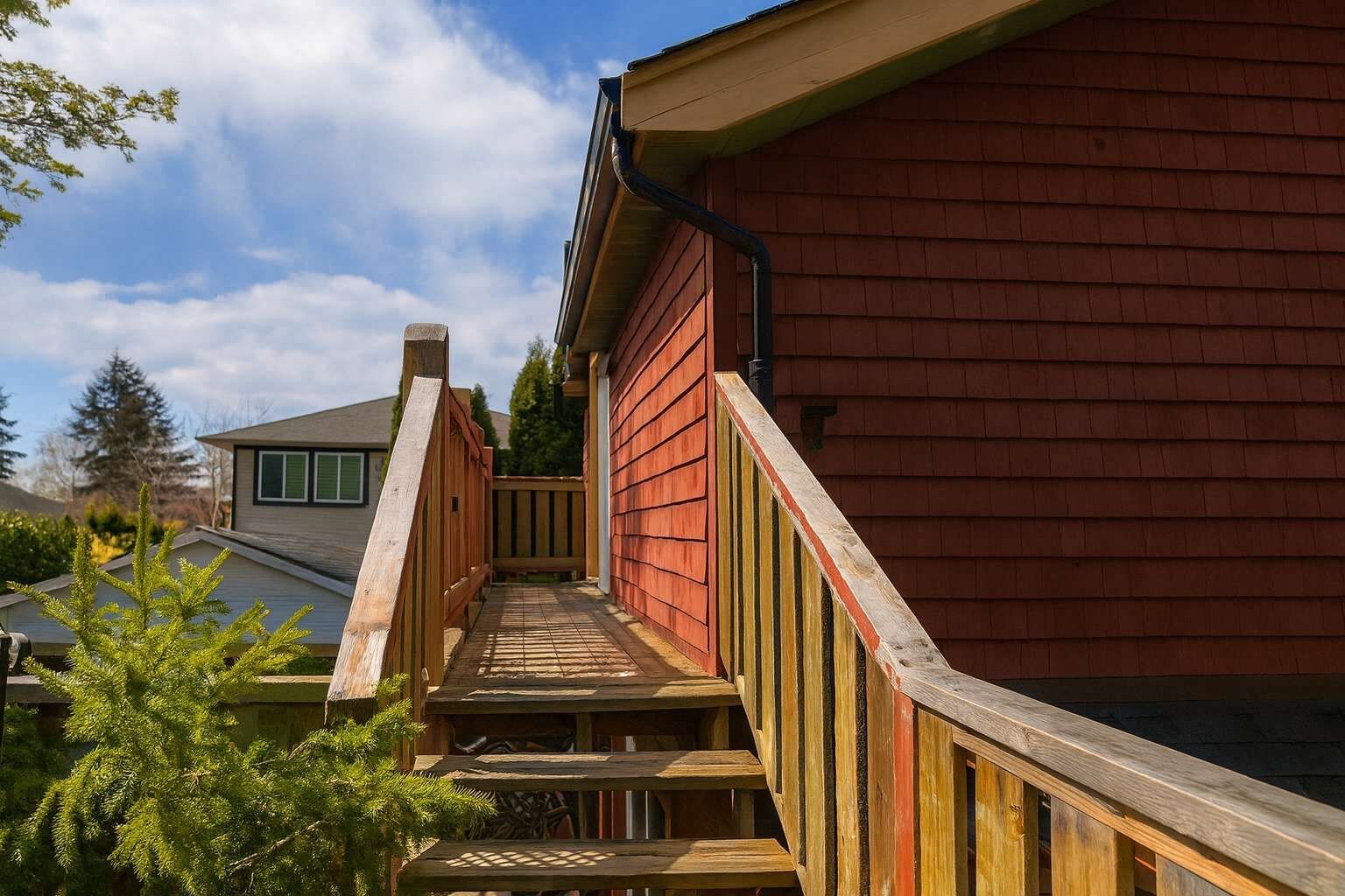 A wooden deck leading to a red building with a gable roof and a visible chimney.