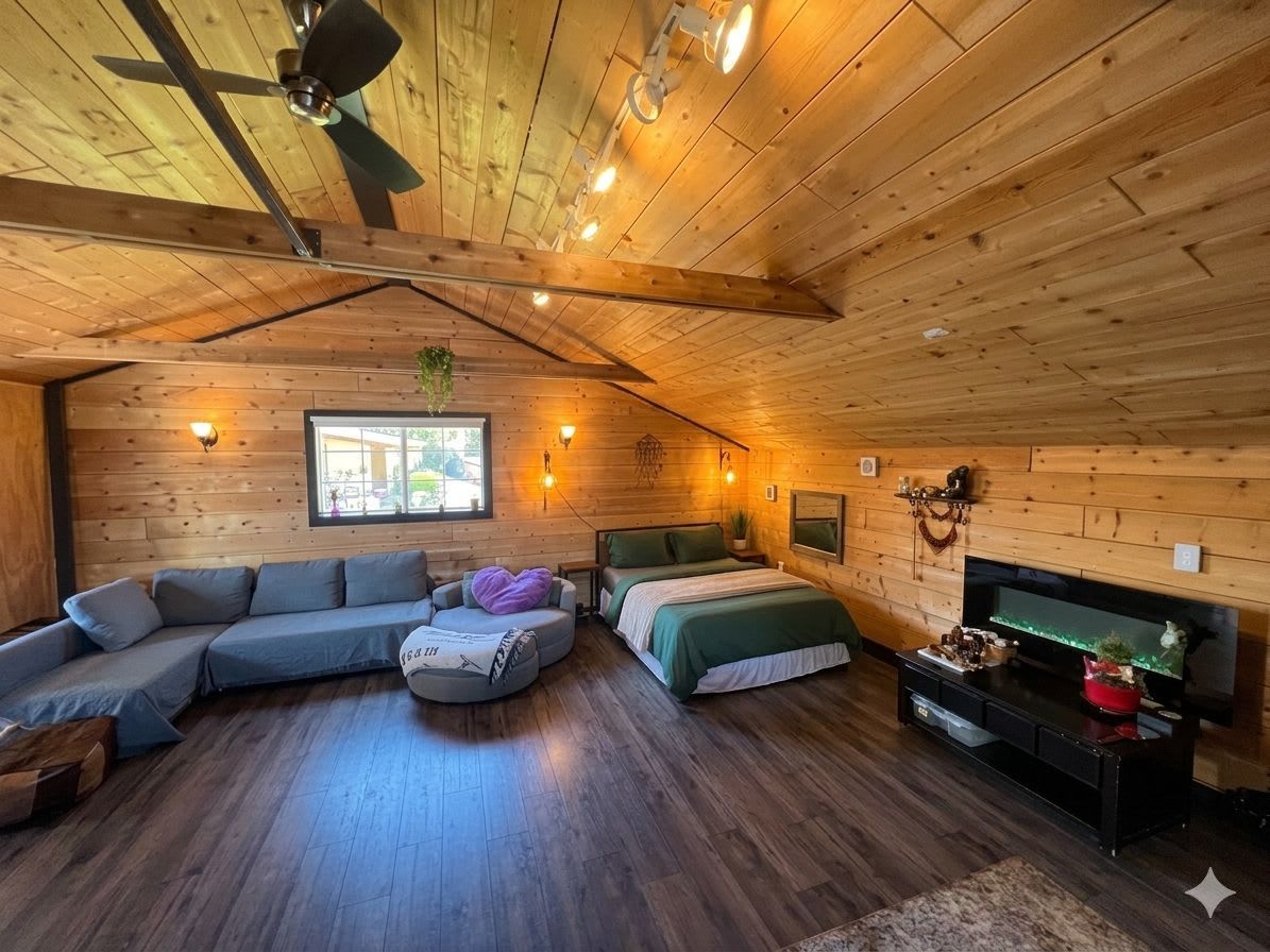A cozy room with a wooden ceiling, a sofa, a bed, a TV, and a window.