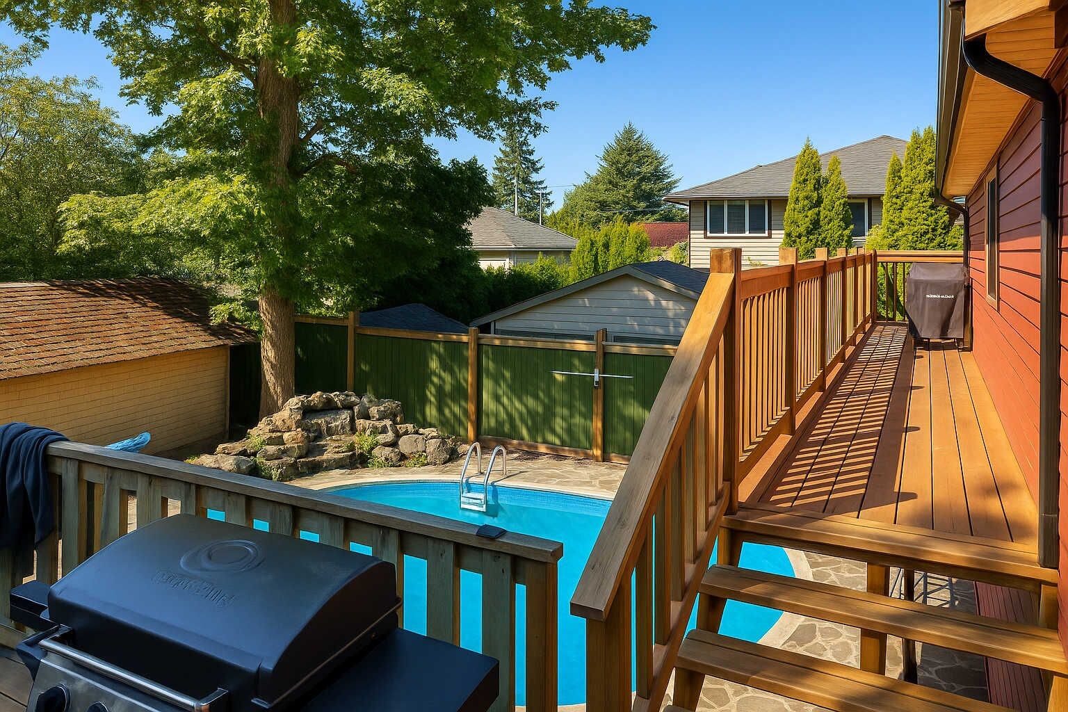A backyard with a swimming pool, a barbecue grill, and a wooden deck.