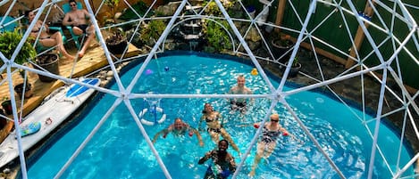 A swimming pool with a geodesic dome structure, surrounded by potted plants and a wooden deck.