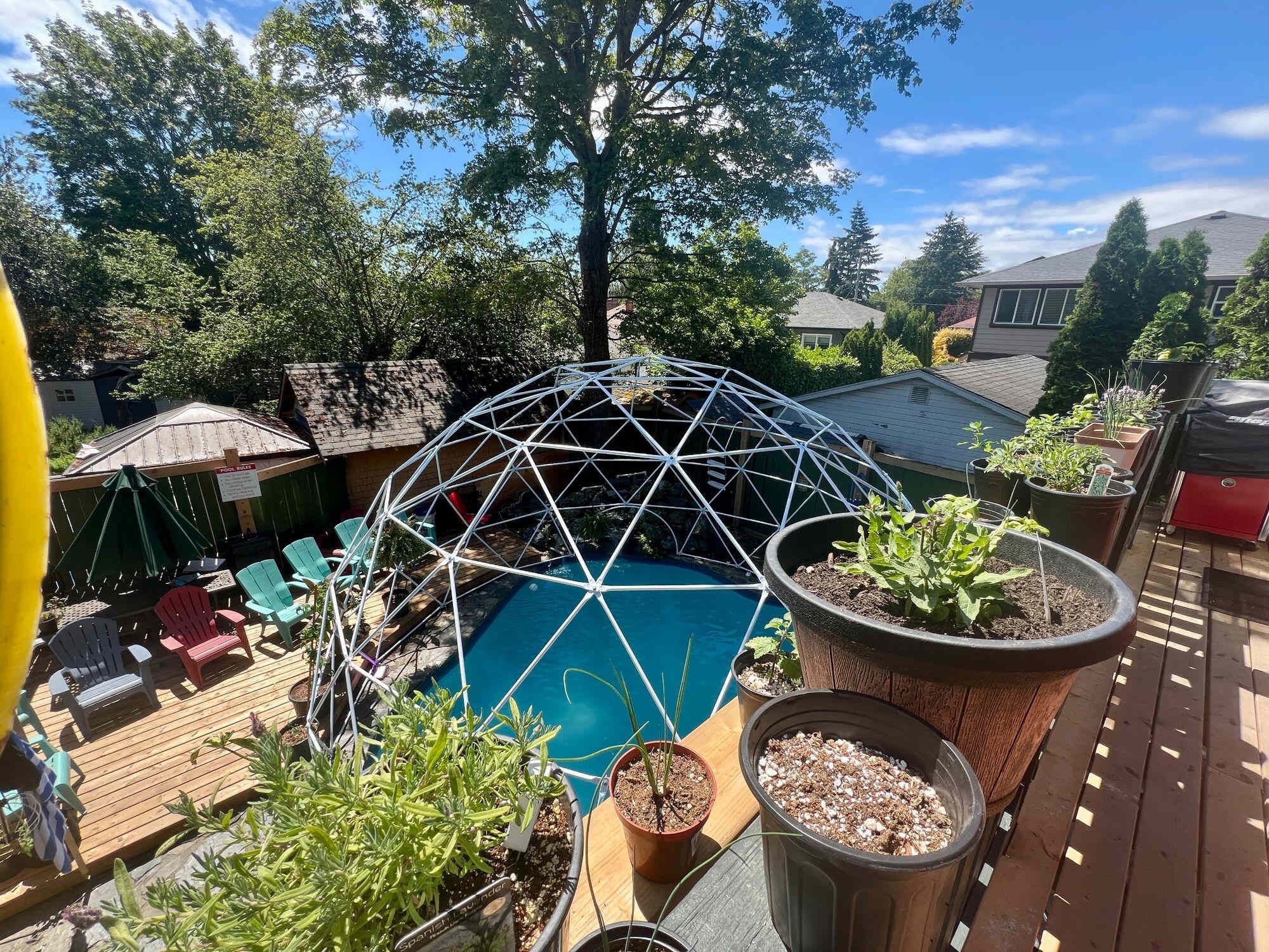 Una piscina con una estructura en forma de geodésica, rodeada de plantas en macetas y mobiliario de exterior.