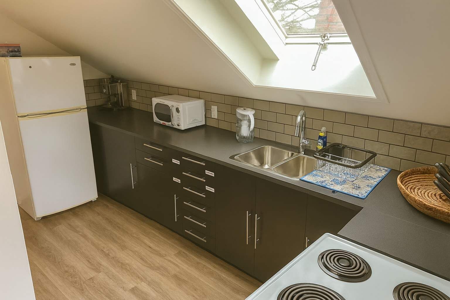A compact kitchen with a skylight, a white refrigerator, a microwave, a sink, and a stove.