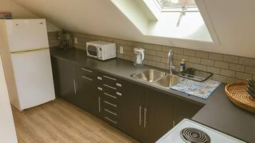 A compact kitchen with a skylight, a white refrigerator, a microwave, a sink, and a stove.