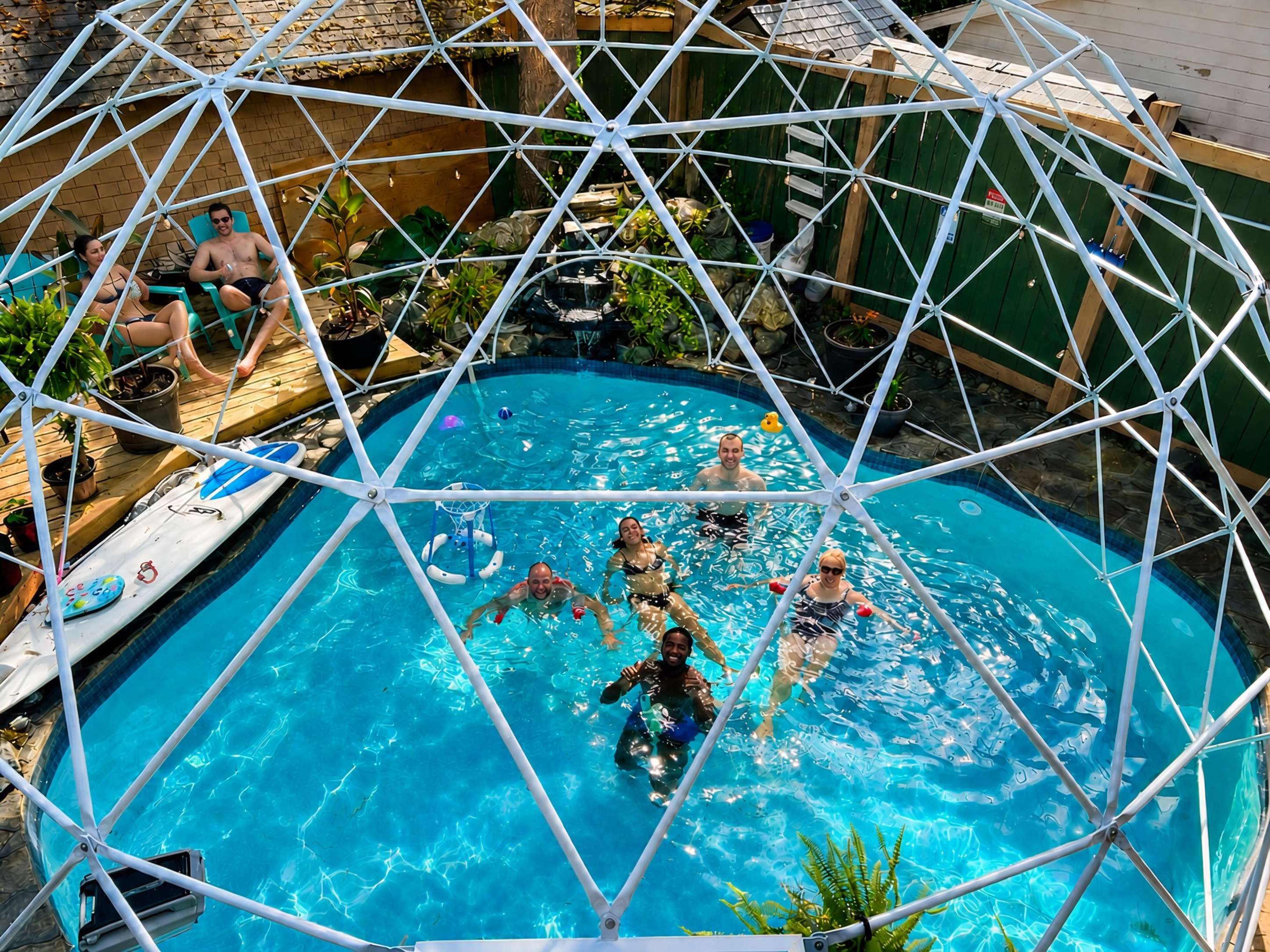 A swimming pool with a geodesic dome structure, surrounded by potted plants and a wooden deck.