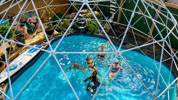 A swimming pool with a geodesic dome structure, surrounded by potted plants and a wooden deck.