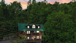 A two-story cabin with a green roof, surrounded by dense forest.