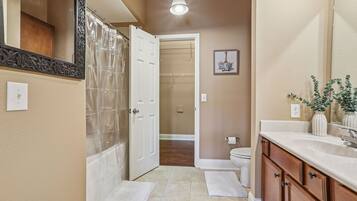 Hair dryer, towels, soap, toilet paper