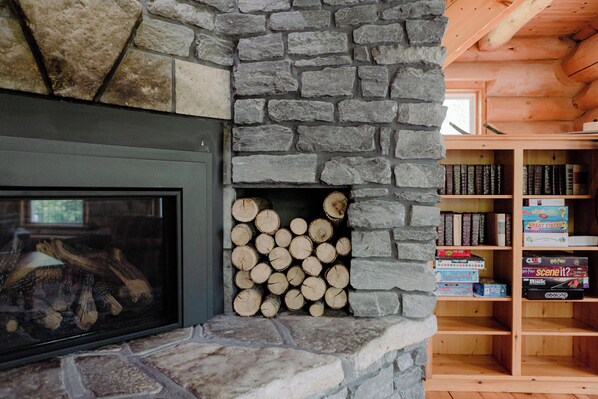 A stone fireplace with logs, a bookshelf with books, and a framed picture on the wall.