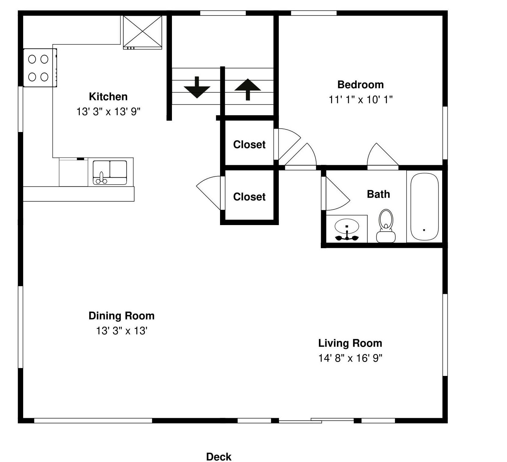 A floor plan with a kitchen, dining room, living room, two closets, and a bathroom.