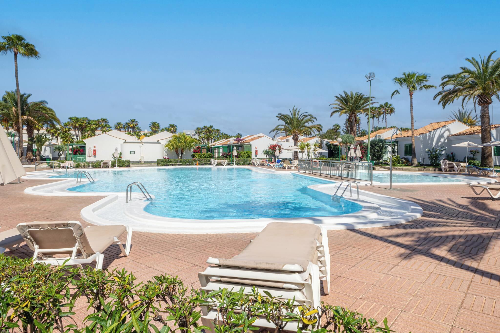 A swimming pool with lounge chairs, palm trees, and white buildings with red accents.