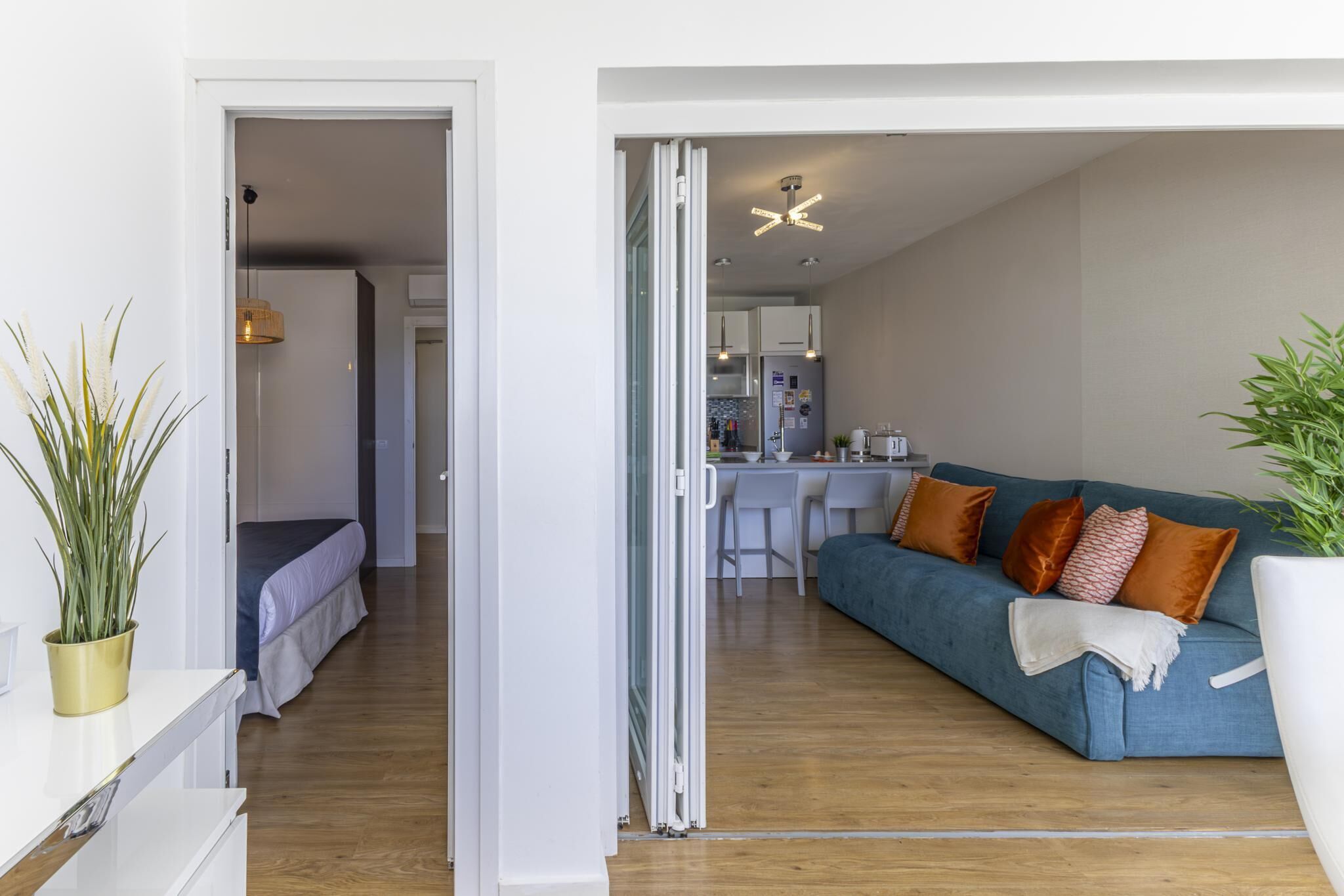 Un apartamento moderno con kitchenette, comedor y sala de estar con sofá y planta.